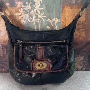 Vintage Fossil Distressed Black Brown Leather bag